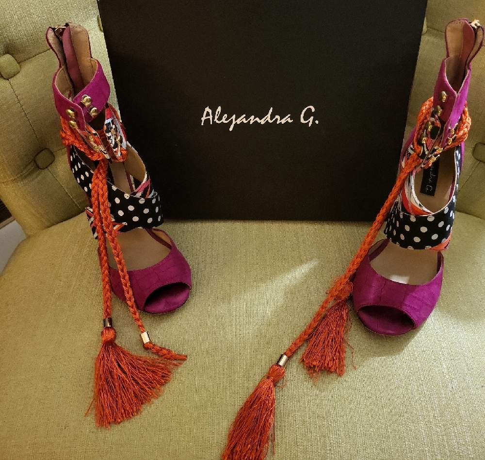 Purple and Orange Stiletto Heels with Feather Accents